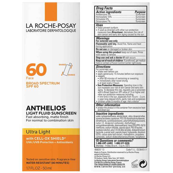 La Roche-Posay Anthelios Light Fluid Protector Solar para el rostro SPF 60 Ultra ligero SPF 60, 50 ml